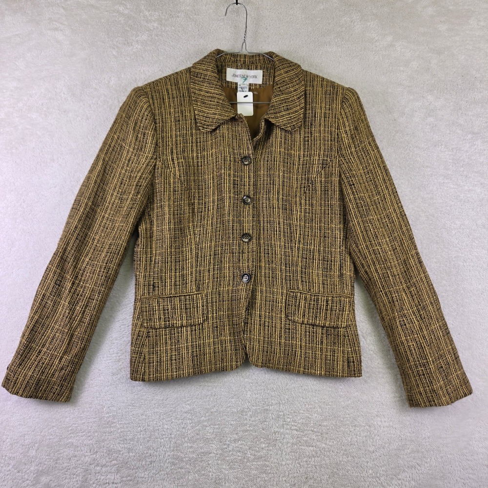 Jones New York Womens Brown Textured Tweed Button Front Blazer Jacket Size 10